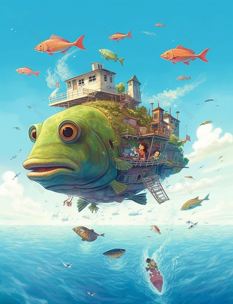 儿童节充满想象力童趣孩子们乘着鱼飞艇房子飞翔在蓝天碧海之上插画,插画/手绘图,插画/手绘图库,插画/手绘图下载,插画/手绘